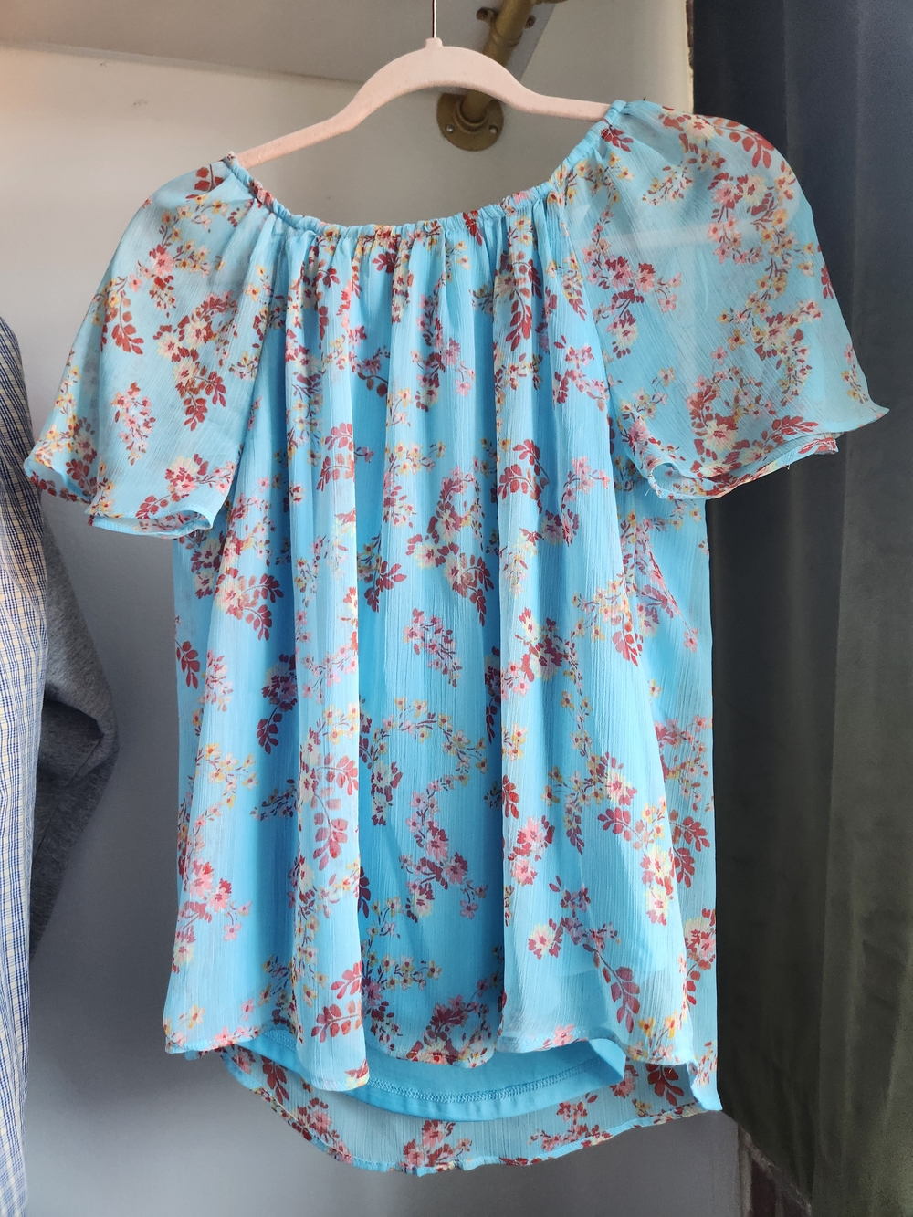 LC Lauren Conrad Aqua Blue Floral Off-Shoulder Blouse